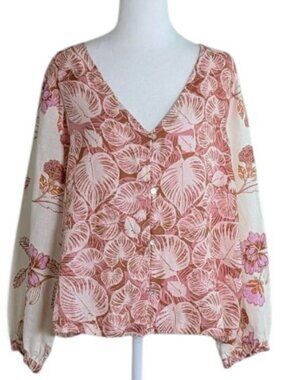 TAHARI Women's 100% Linen Long Sleeve Top Blouse  Size M Dusty Pink Cream Print